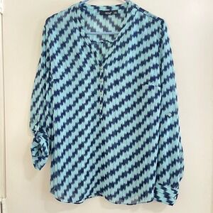 Women‎ Large Ikat Print Boho Top Roll Tab Sleeve Flowy Coastal Resort Vacation